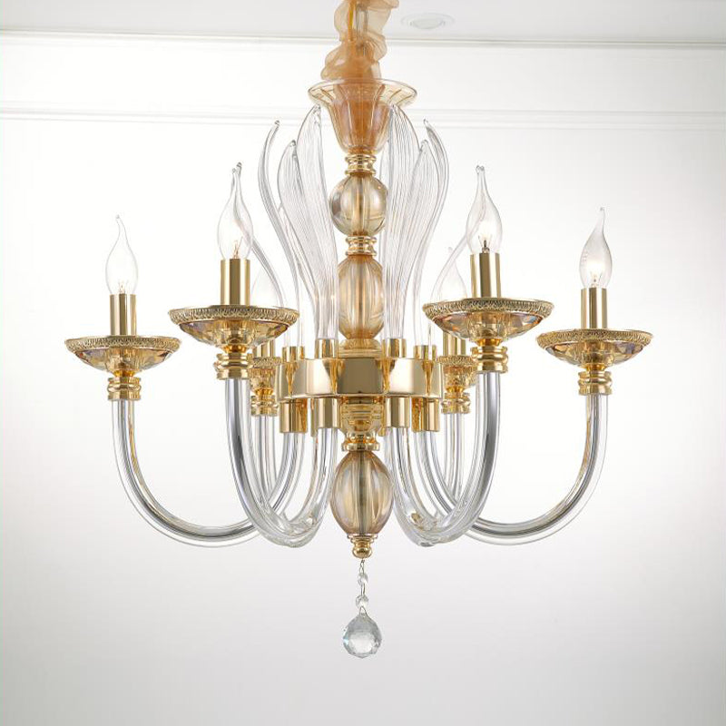 Modern Golden Curved Chandelier - 6 Heads Clear Glass Pendant Light With Crystal Drops