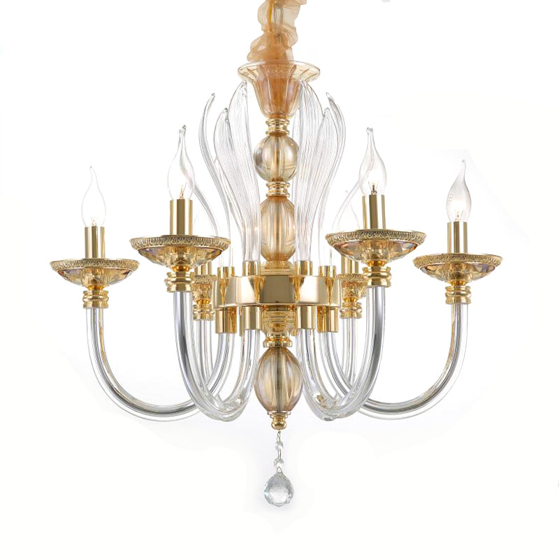 Modern Golden Curved Chandelier - 6 Heads Clear Glass Pendant Light With Crystal Drops
