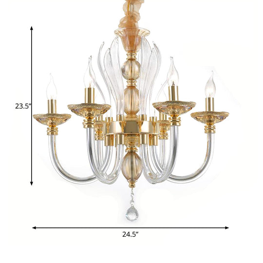 Modern Golden Curved Chandelier - 6 Heads Clear Glass Pendant Light With Crystal Drops