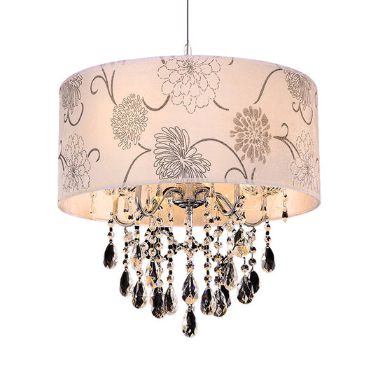 Vintage Crystal 5-Light Chandelier With Flower Pattern - Printing Fabric Shade Pendant Light In