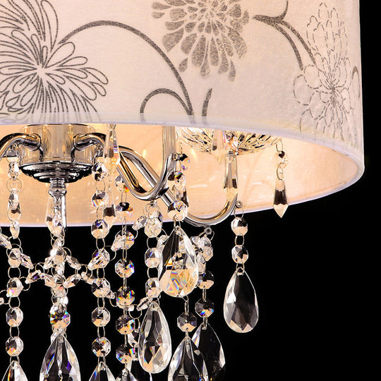 Vintage Crystal 5-Light Chandelier With Flower Pattern - Printing Fabric Shade Pendant Light In