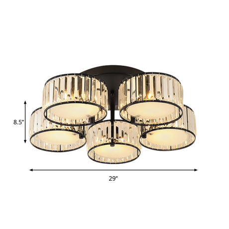 Modern Black Flush Mount Ceiling Light Fixture With Drum Crystal Shade - 3/5/6 Lights For Living