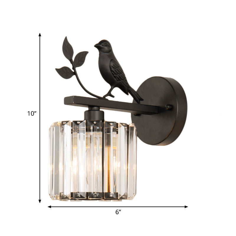 Contemporary Wall Sconce With K9 Crystal Cylinder Bird Accent And Black/Gold Finish