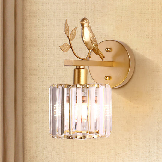 Contemporary Wall Sconce With K9 Crystal Cylinder Bird Accent And Black/Gold Finish Gold