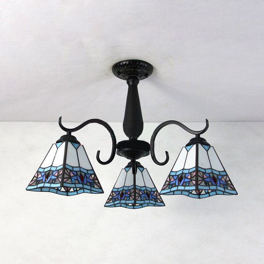 Rustic Stained Glass Ceiling Light Fixture With Geometric Semi Flush Design – 3 Heads