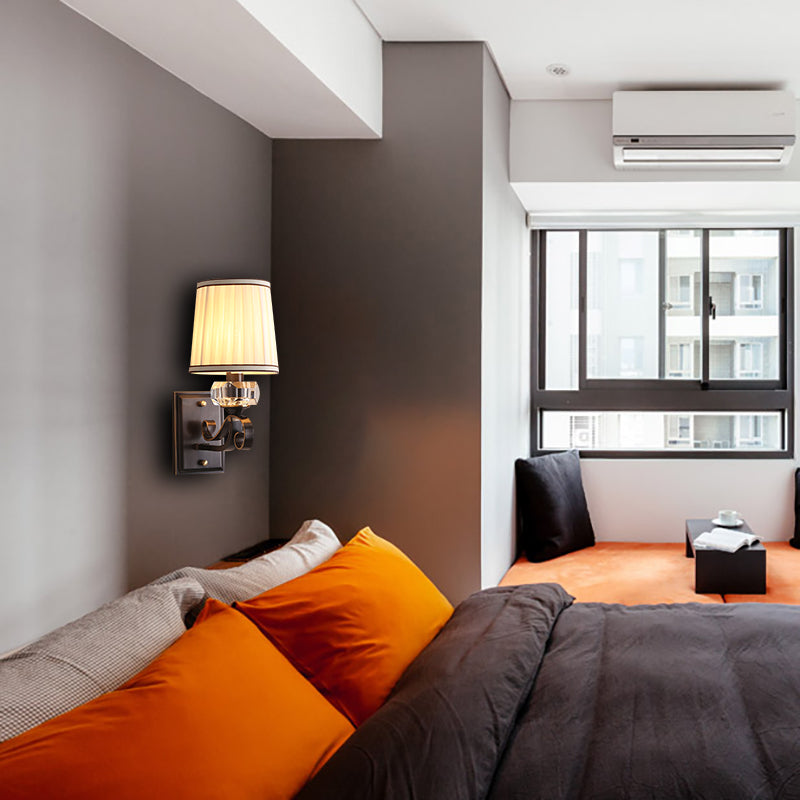 Modern Brass/Black Wall Mount Light With Cone Shade - Contemporary Fabric Sconce