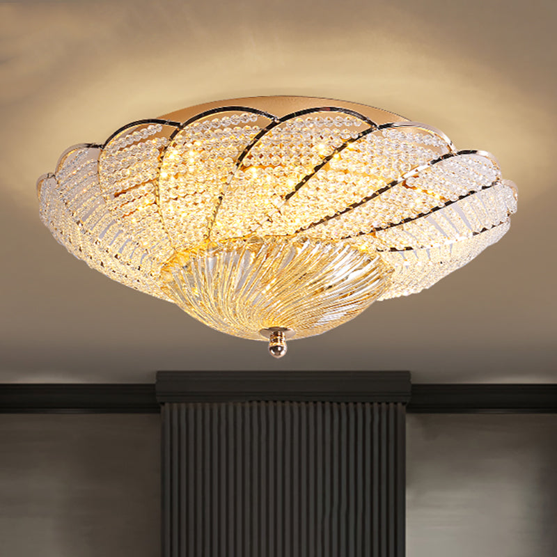 Vintage Scalloped Flush Light With Crystal Beads In Gold - 13’/16.5’/20.5’ W Yellow/White