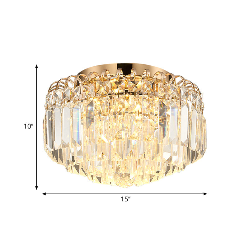 16’/19.5’ Width Crystal Prism Flush Mount Led Ceiling Fixture In Brass With Modern Round Shade
