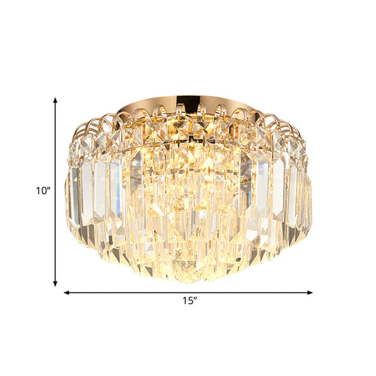 16’/19.5’ Width Crystal Prism Flush Mount Led Ceiling Fixture In Brass With Modern Round Shade