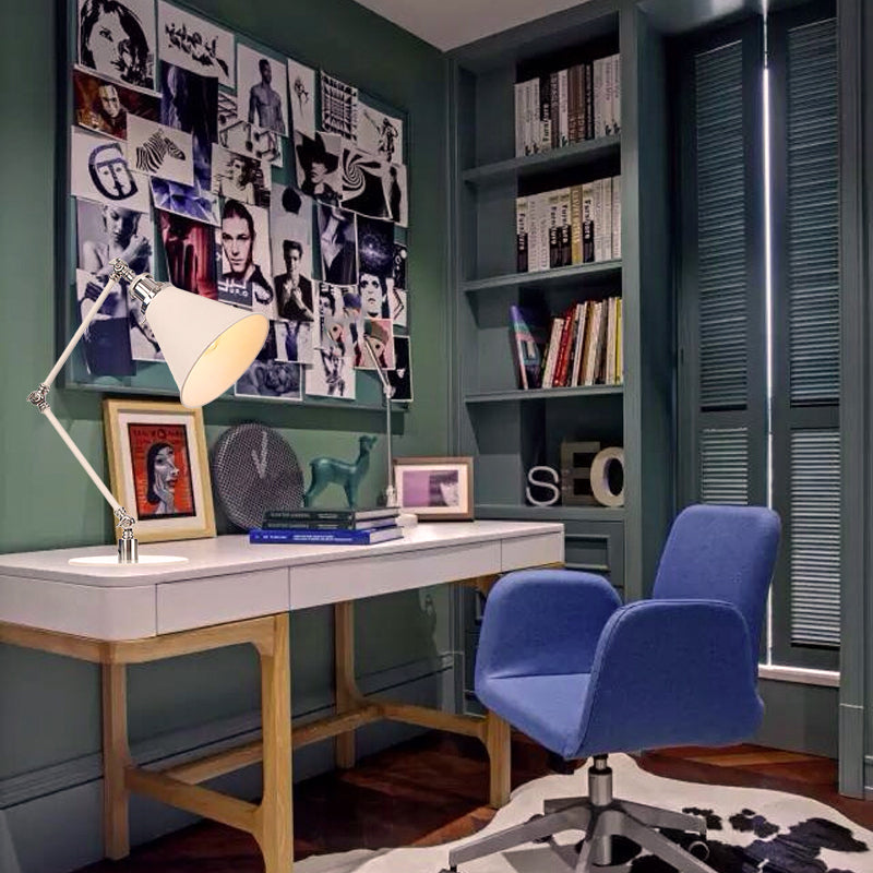 Vintage Adjustable Reading Lamp - Conical Desk Light White Metal 1 Stylish Design 8 Length Arm