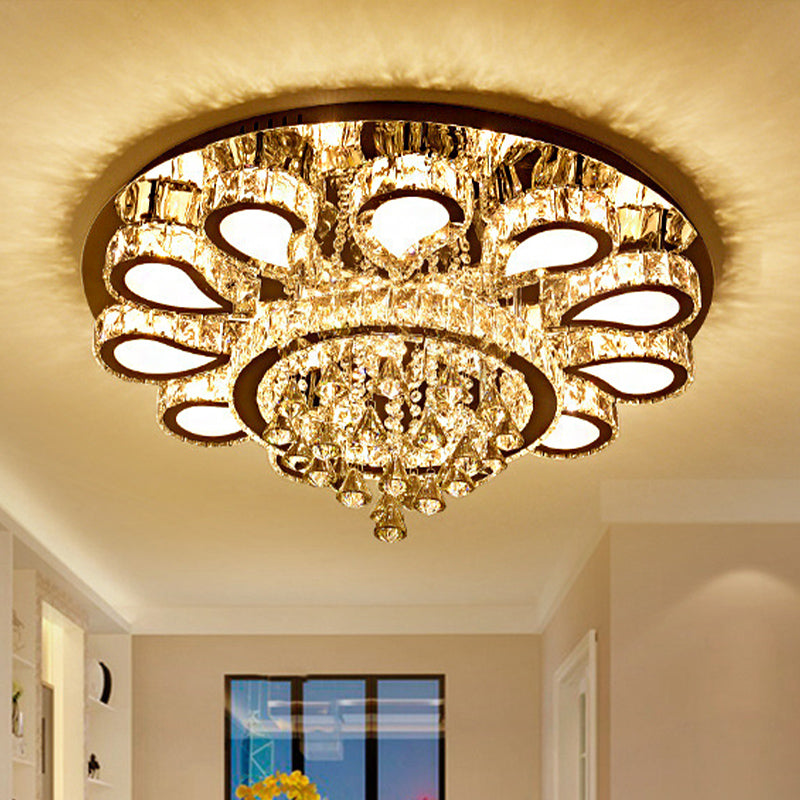 Led Living Room Ceiling Mounted Fixture With Chrome Finish And Flower Crystal Shade - 18/23.5/31.5