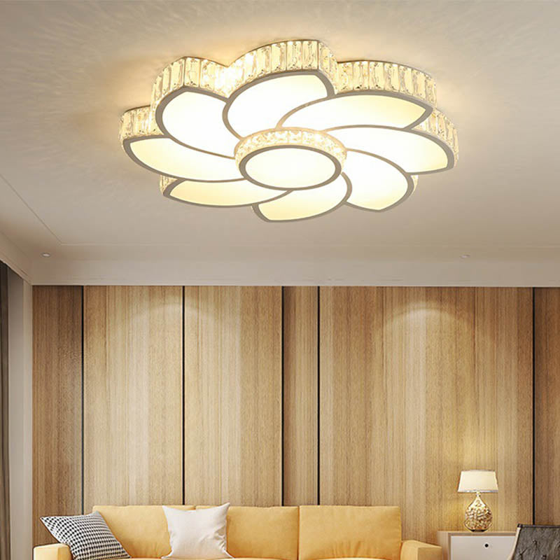 Contemporary Crystal Floral Led Flush Light For Bedroom - 23.5/31.5/39 White 3 Colors Remote Control
