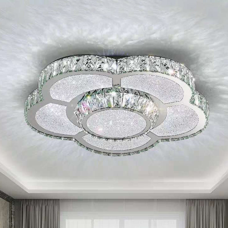 Modern White Clear Crystal Glass Flower Flush Mount Led Ceiling Light - 14/18/23.5 Warm/White Remote