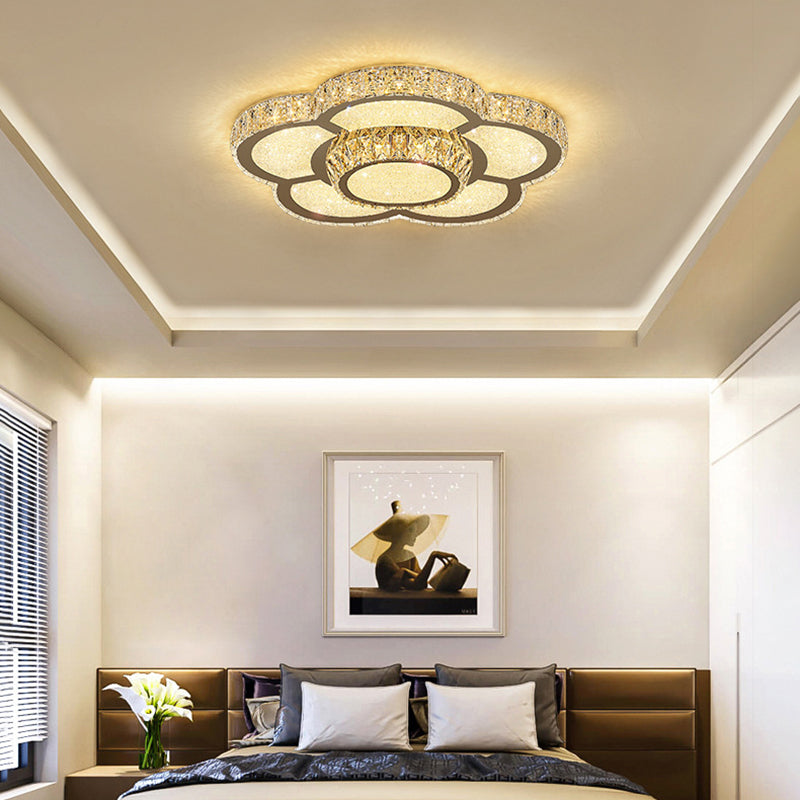 Modern White Clear Crystal Glass Flower Flush Mount Led Ceiling Light - 14/18/23.5 Warm/White Remote