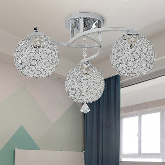 Sleek Crystal Semi-Flush Mount Light Fixture For Living Room - 3/5 Lights Globe Simple Chrome
