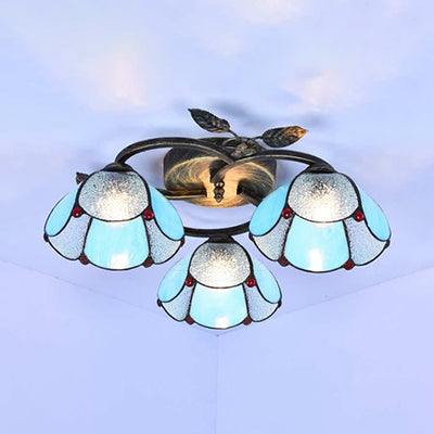 Industrial Vintage Bowl Ceiling Light - Stained Glass Blue/Clear 3 Lights Flushmount For Bedroom