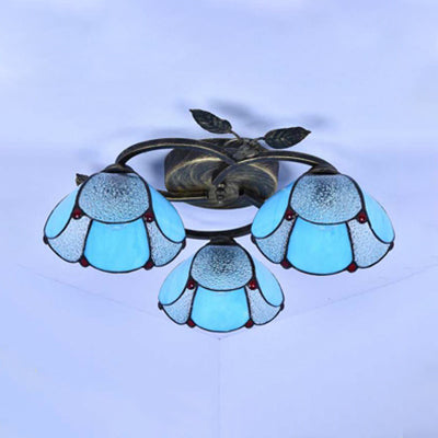 Industrial Vintage Bowl Ceiling Light - Stained Glass Blue/Clear 3 Lights Flushmount For Bedroom