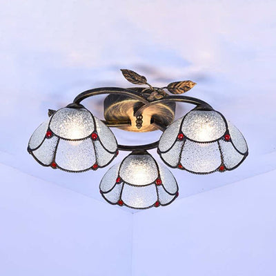 Industrial Vintage Bowl Ceiling Light - Stained Glass Blue/Clear 3 Lights Flushmount For Bedroom