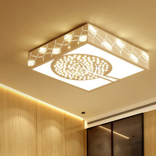 Simple Crystal Led Flush Mount Fixture - White Tree Design With Warm/White/3 Color Lighting For