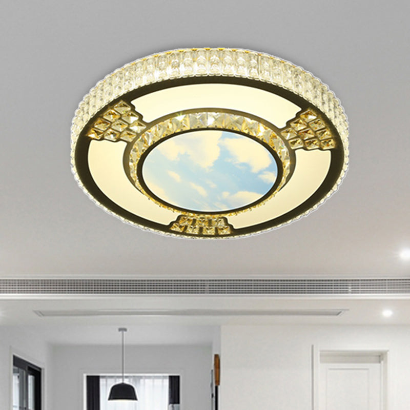 Simple White Led Flush Ceiling Light With Crystal Shade For Living Room