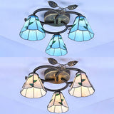 Tiffany Stained Glass Ceiling Light Fixture: Conic Shape Beige/Blue With Leaf Decoration - 3 Lights