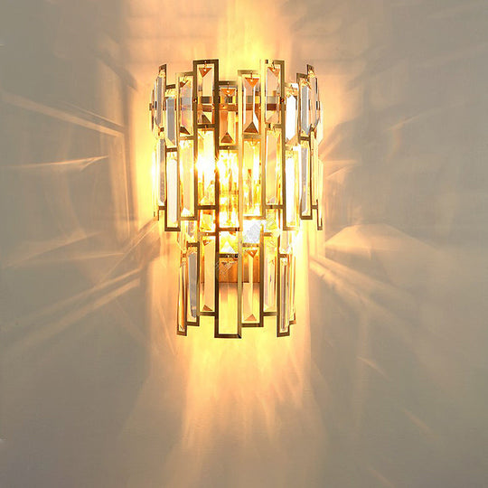 Modern Crystal Block Wall Light With Golden Metal Frame - Flush Mount Sconce Lighting (2 Bulbs) Gold