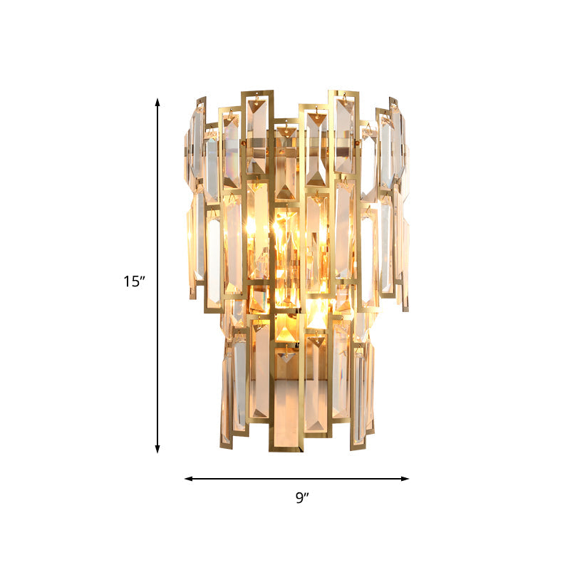 Modern Crystal Block Wall Light With Golden Metal Frame - Flush Mount Sconce Lighting (2 Bulbs)