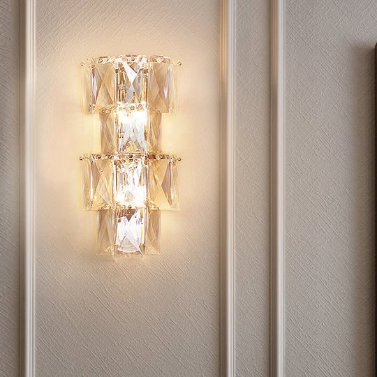 Contemporary Clear Crystal 4-Bulb Tiered Ice Cube Wall Lamp Kit - Modern Sconce Light Fixture