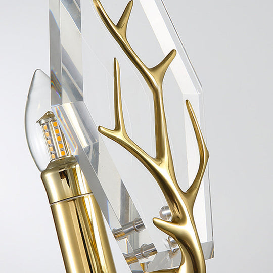 Modern Crystal Panel Sconce Light Fixture - Clear 1-Light Wall Mounted Lamp With Antler Deco