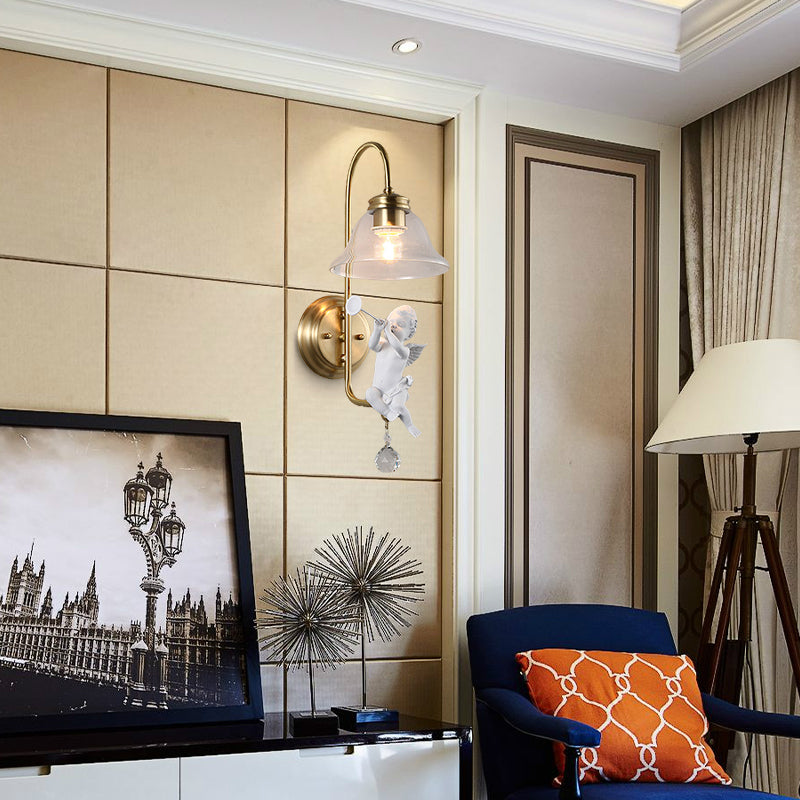 Modern Gold Glass Sconce Light With Resin Deco - 1-Light Wall Lamp