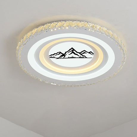 Modern Crystal Led Ceiling Light For Dining Rooms - Round Design Flush Mount White Finish / Mountain