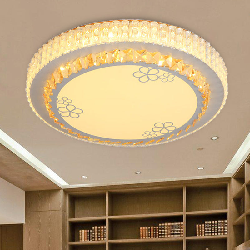 White Crystal Led Flush Mount Lamp With Flower Pattern - Elegant Bedroom Lighting