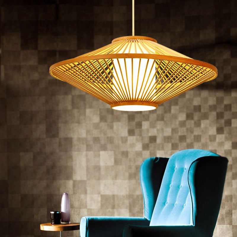 Suspended Bamboo Saucer Lamp - Modern Style 1-Bulb Hanging Light Fixture 19.5/23.5 Dia Black/Beige