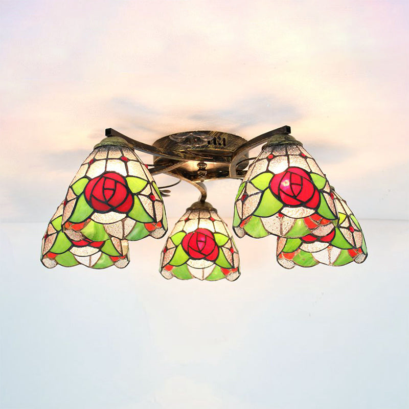 Tiffany Stained Glass Ceiling Light With 5 Scalloped Heads In Antique Bronze - Perfect For Bedroom
