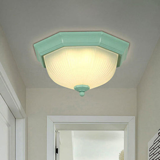 Macaron Style Flush Ceiling Light With Ridge Glass Dome Shape - Ideal For Balcony