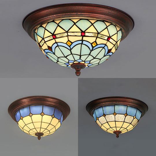Vintage Industrial Dome Flushmount Ceiling Light With Stained Glass In White/Clear/Blue