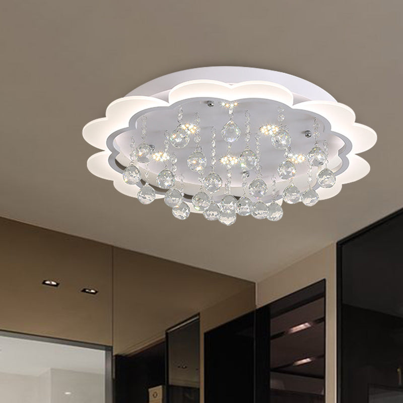 Modern Crystal Ball Flush Mount Light - White Flower Design 22’/25.5’/31.5’ Wide Led Ceiling