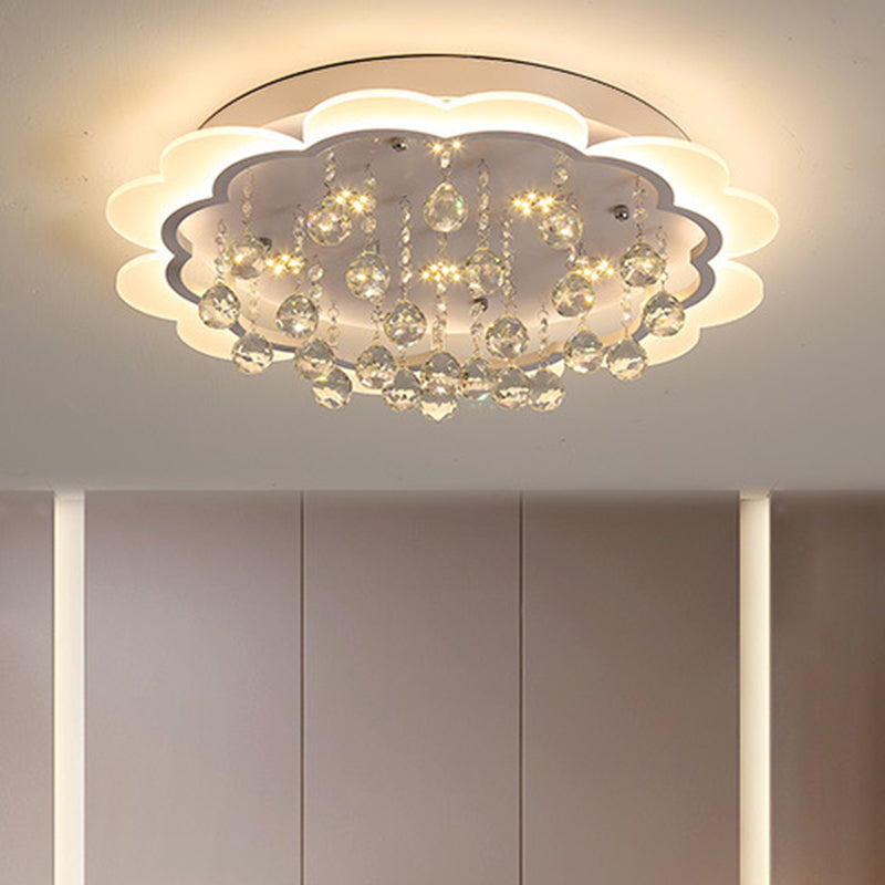 Modern Crystal Ball Flush Mount Light - White Flower Design 22/25.5/31.5 Wide Led Ceiling With