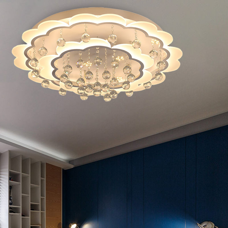 Modern Crystal Ball Flush Mount Light - White Flower Design 22/25.5/31.5 Wide Led Ceiling With
