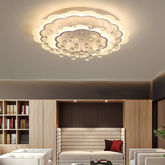 Modern Crystal Ball Flush Mount Light - White Flower Design 22’/25.5’/31.5’ Wide Led Ceiling