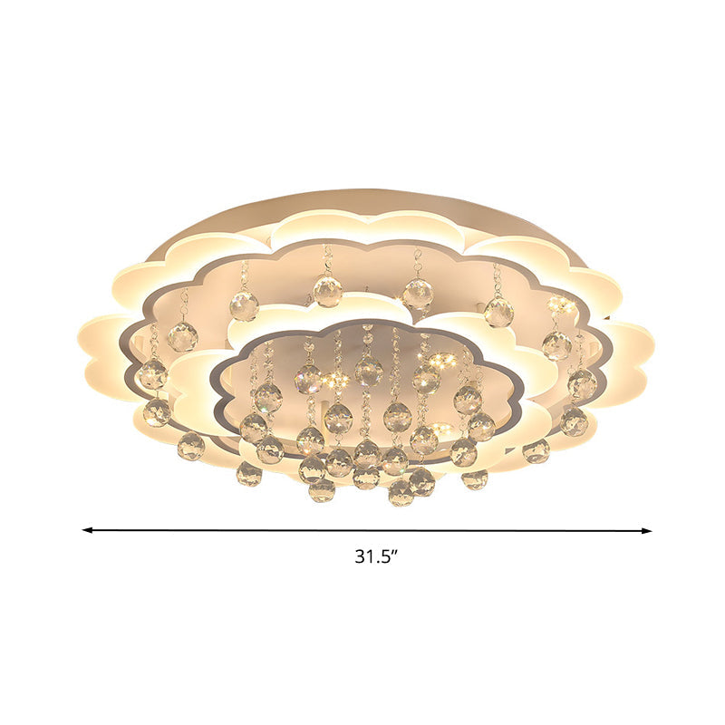 Modern Crystal Ball Flush Mount Light - White Flower Design 22’/25.5’/31.5’ Wide Led Ceiling