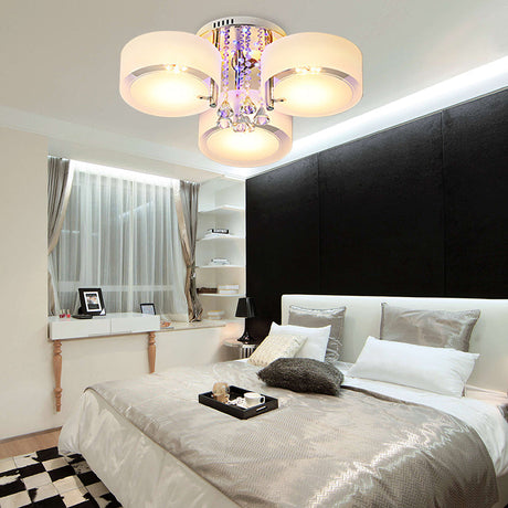 Modern Drum Flush Mount With Frosted Glass & Crystal Drop - 3/5/6 Head White Ceiling Light