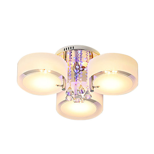 Modern Drum Flush Mount With Frosted Glass & Crystal Drop - 3/5/6 Head White Ceiling Light