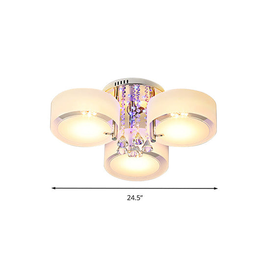 Modern Drum Flush Mount With Frosted Glass & Crystal Drop - 3/5/6 Head White Ceiling Light