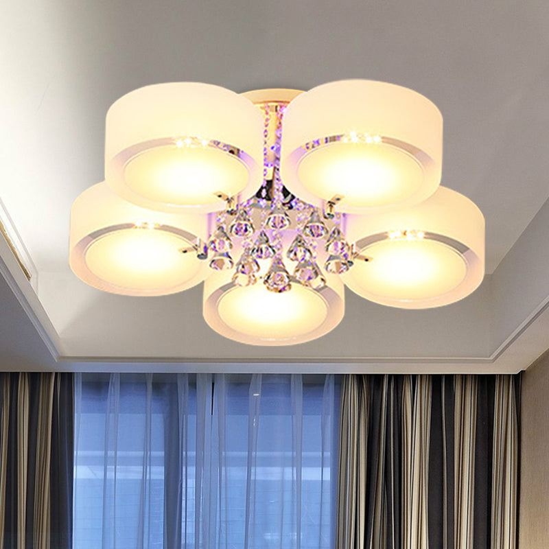 Modern Drum Flush Mount With Frosted Glass & Crystal Drop - 3/5/6 Head White Ceiling Light