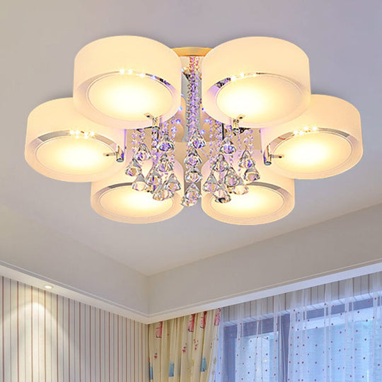 Modern Drum Flush Mount With Frosted Glass & Crystal Drop - 3/5/6 Head White Ceiling Light 6 /