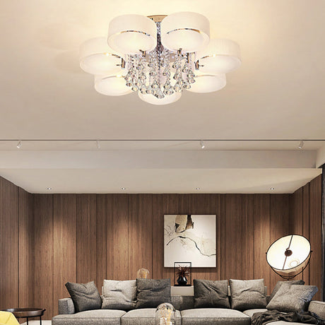Modern Drum Flush Mount With Frosted Glass & Crystal Drop - 3/5/6 Head White Ceiling Light