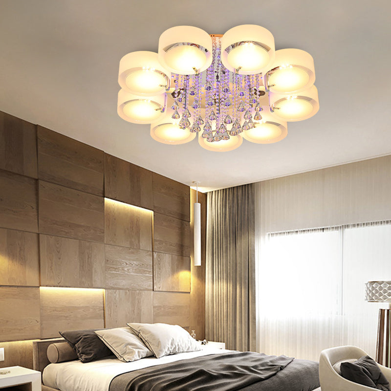 Modern Drum Flush Mount With Frosted Glass & Crystal Drop - 3/5/6 Head White Ceiling Light