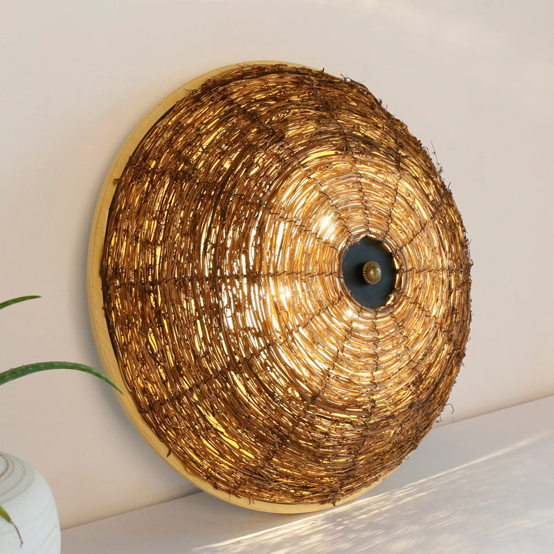 Traditional Rattan Wood Bowl Flush Ceiling Lamp - 3 Bulb Light Fixture 12.5’/16.5’ Wide