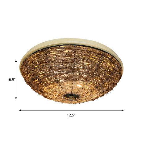 Traditional Rattan Wood Bowl Flush Ceiling Lamp - 3 Bulb Light Fixture 12.5/16.5 Wide